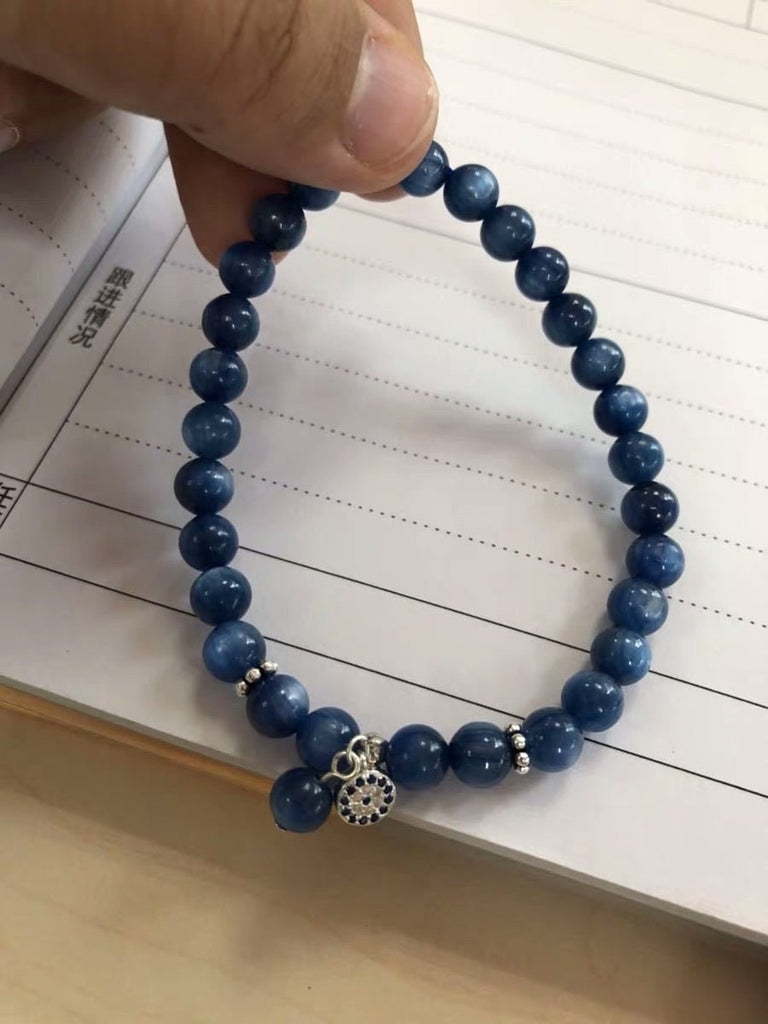 S925 Sterling Silver Genuine Blue Kyanite Semi-precious Healing Crystal Beads Bracelet - - Luxury Jewelry by WAAMII