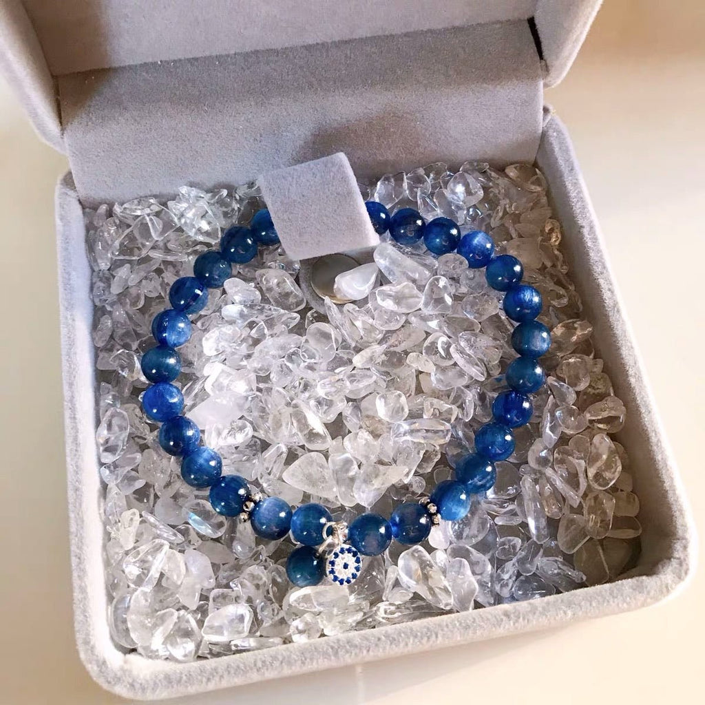 S925 Sterling Silver Genuine Blue Kyanite Semi-precious Healing Crystal Beads Bracelet - - Luxury Jewelry by WAAMII