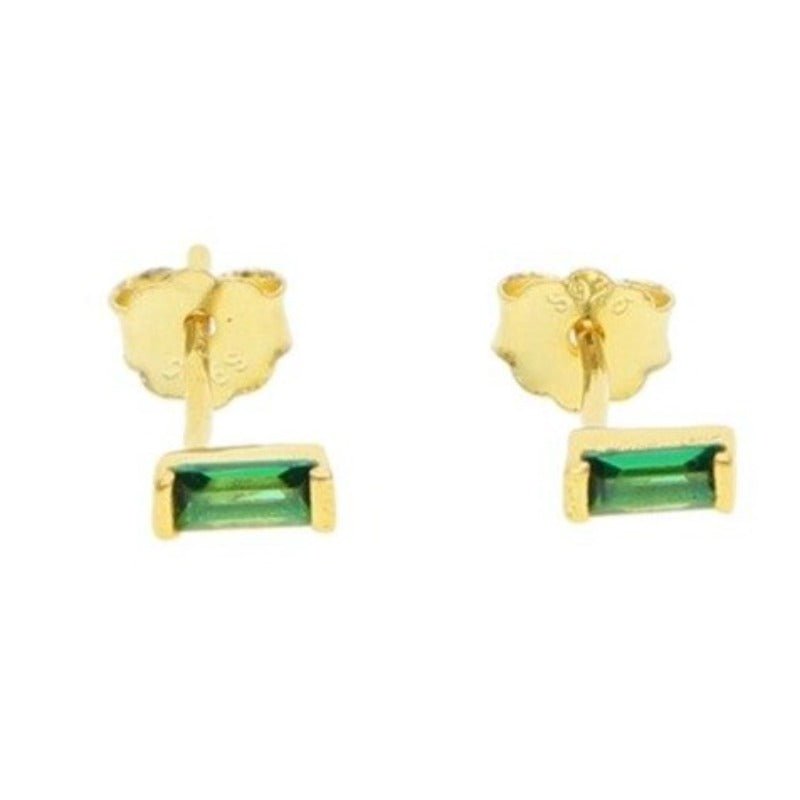S925 Sterling Silver Minimalist Brief Geometic Bar Gemstone Stud Earrings - Gold Green stone - Luxury Jewelry by WAAMII