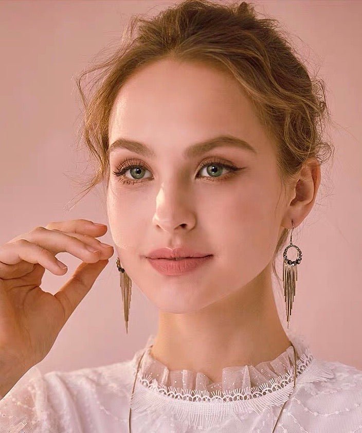 S925 Sterling Silver Post Gold-tone Bohemia Hoop Crystal Tassel Dangle Earrings - - Luxury Jewelry by WAAMII
