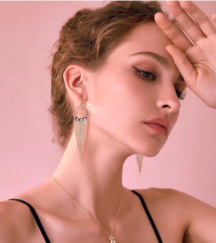 S925 Sterling Silver Post Gold-tone Bohemia Hoop Crystal Tassel Dangle Earrings - - Luxury Jewelry by WAAMII