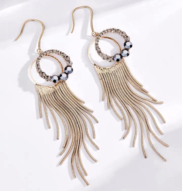 S925 Sterling Silver Post Gold-tone Bohemia Hoop Crystal Tassel Dangle Earrings - - Luxury Jewelry by WAAMII