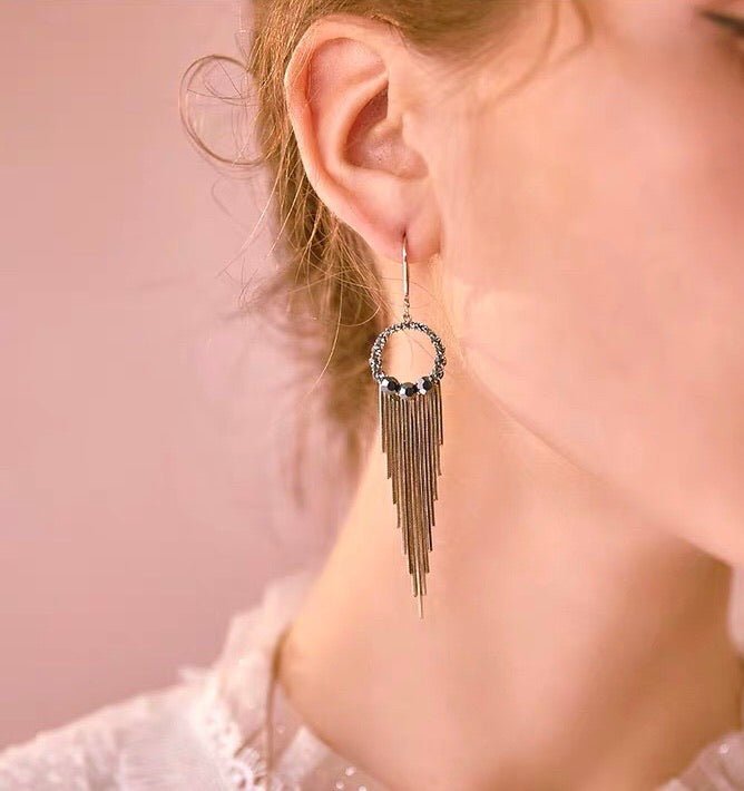 S925 Sterling Silver Post Gold-tone Bohemia Hoop Crystal Tassel Dangle Earrings - - Luxury Jewelry by WAAMII
