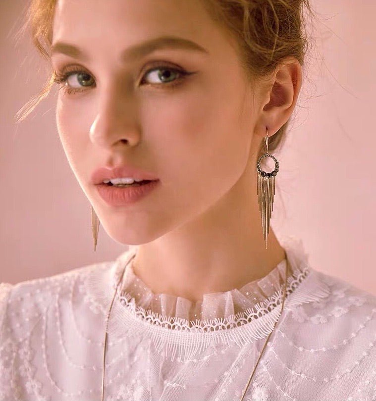 S925 Sterling Silver Post Gold-tone Bohemia Hoop Crystal Tassel Dangle Earrings - - Luxury Jewelry by WAAMII