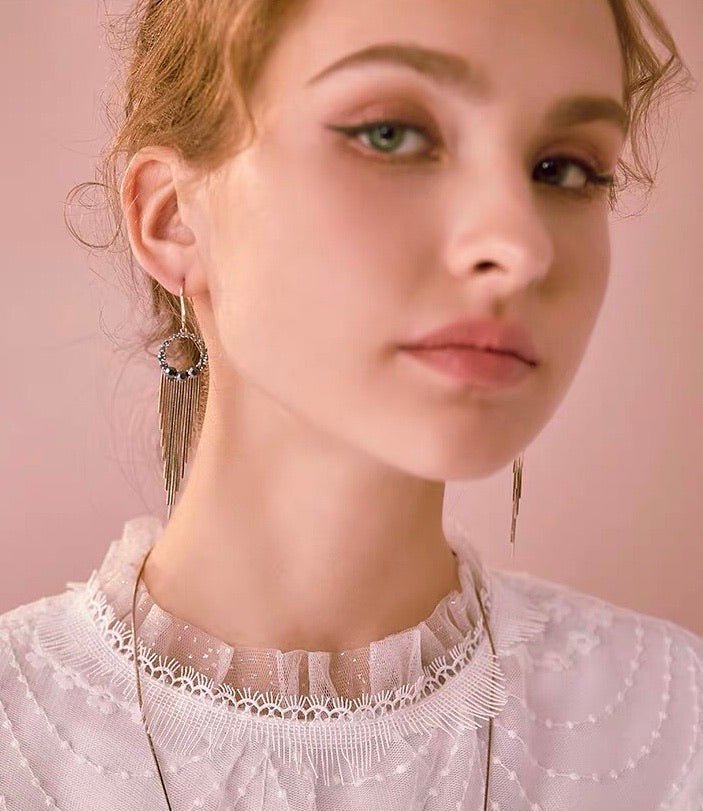 S925 Sterling Silver Post Gold-tone Bohemia Hoop Crystal Tassel Dangle Earrings - - Luxury Jewelry by WAAMII