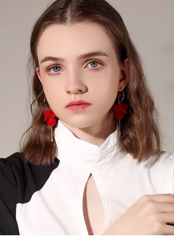 S925 Sterling Silver Post Red Wine Rose Velvet Tassel Earrings - - Luxury Jewelry by WAAMII
