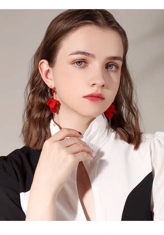 S925 Sterling Silver Post Red Wine Rose Velvet Tassel Earrings - - Luxury Jewelry by WAAMII