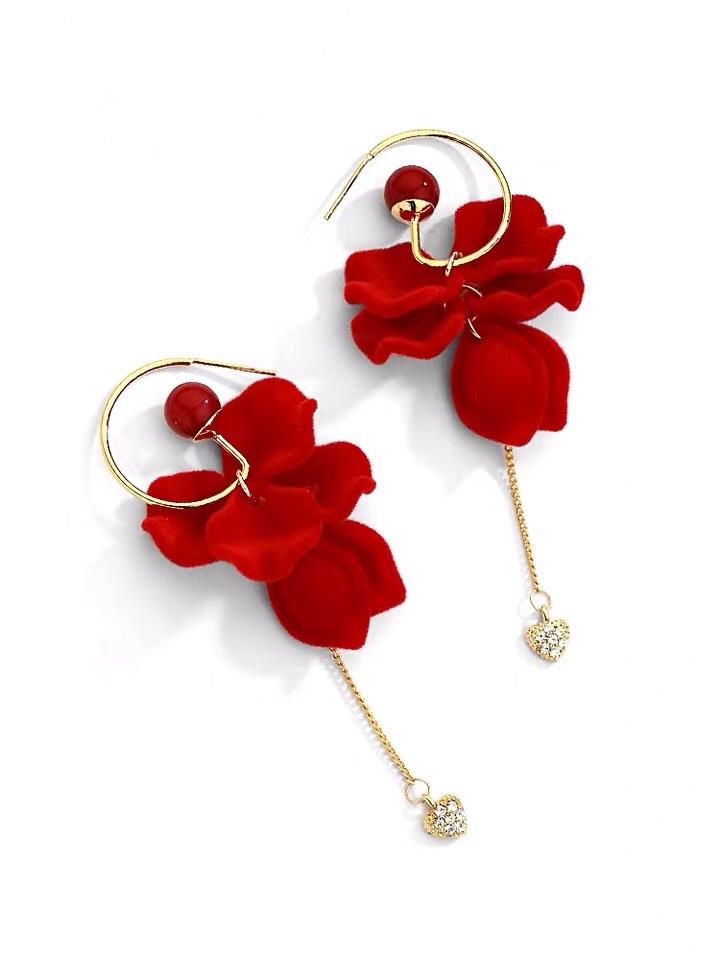 S925 Sterling Silver Post Red Wine Rose Velvet Tassel Earrings - - Luxury Jewelry by WAAMII