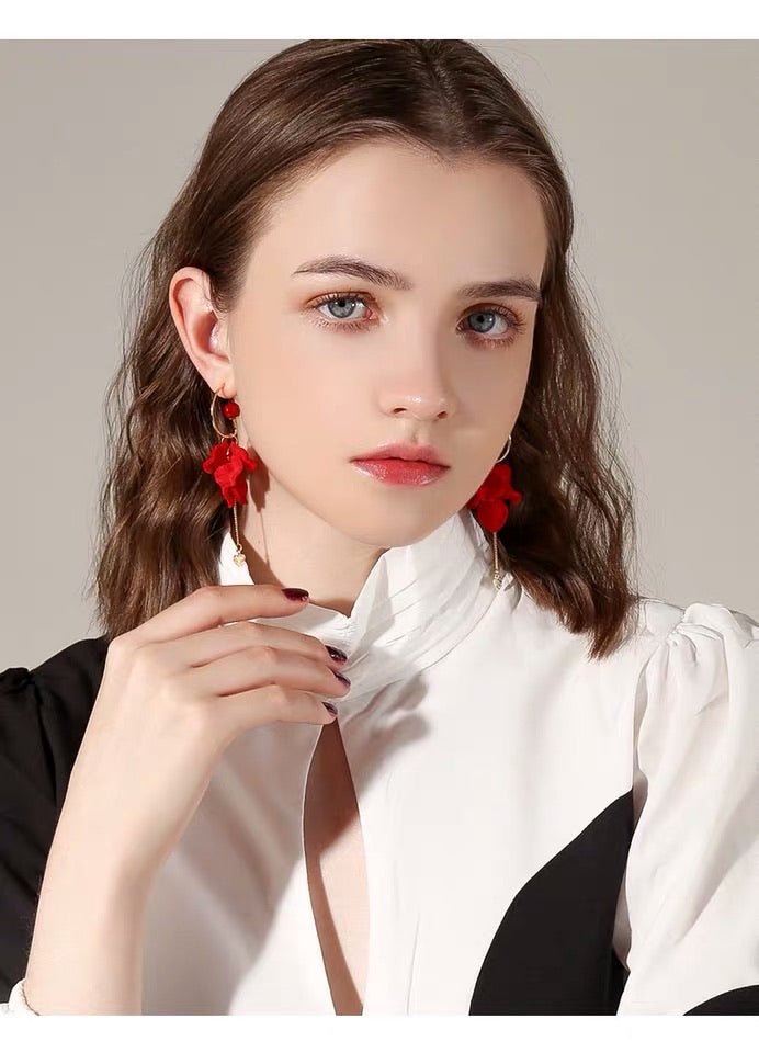 S925 Sterling Silver Post Red Wine Rose Velvet Tassel Earrings - - Luxury Jewelry by WAAMII