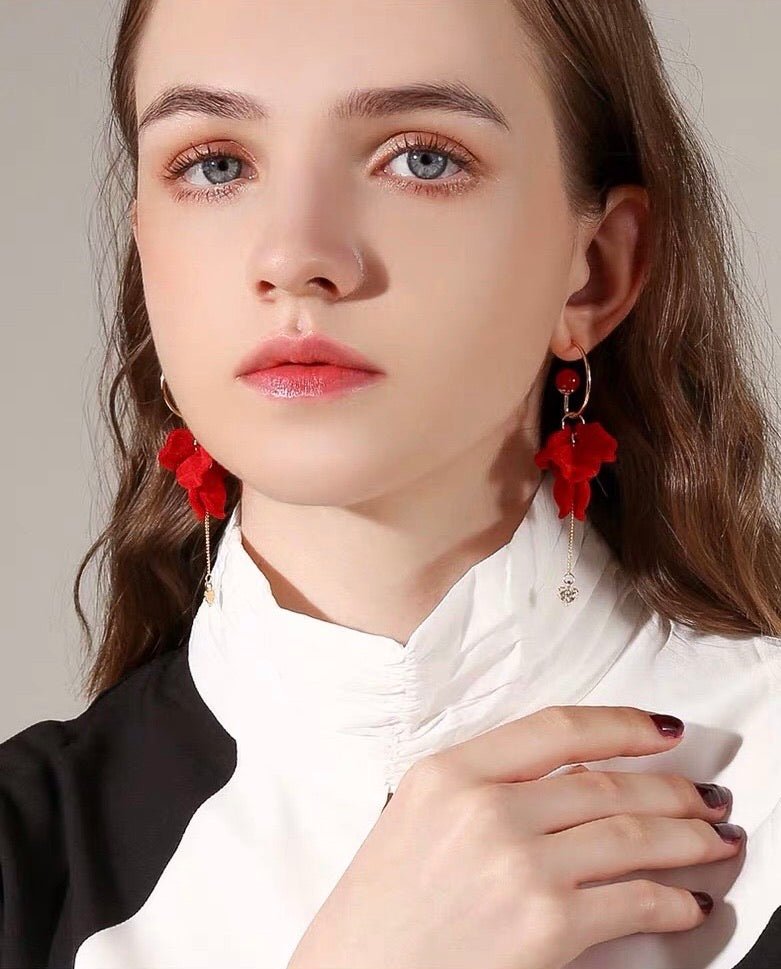 S925 Sterling Silver Post Red Wine Rose Velvet Tassel Earrings - - Luxury Jewelry by WAAMII