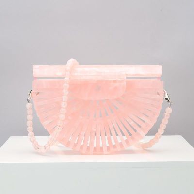 Semicircular Box Tortoise Shell Hollow Out Acrylic Clutch bags WAAMII pink bead  