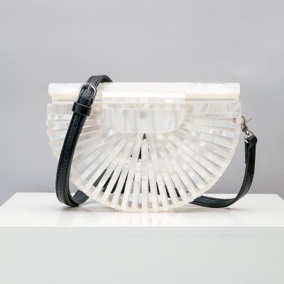 Semicircular Box Tortoise Shell Hollow Out Acrylic Clutch - white pu - Luxury bags by WAAMII