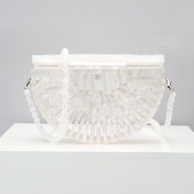 Semicircular Box Tortoise Shell Hollow Out Acrylic Clutch - white bead - Luxury bags by WAAMII