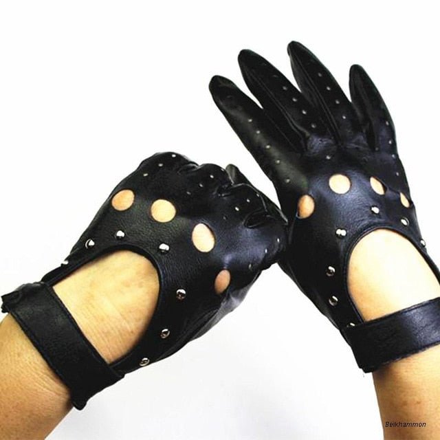 Sheepskin Leather Hollow Rivet Gloves Women's Leather Gloves - Black 6 1/2 - Luxury Accessories by WAAMII