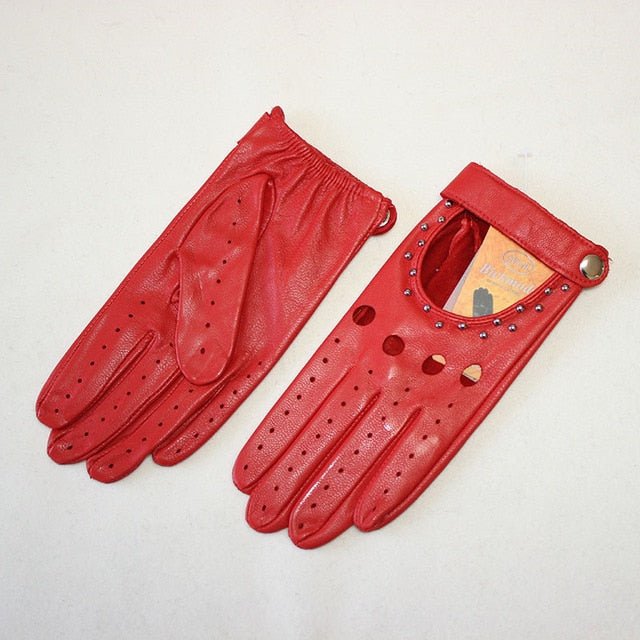 Sheepskin Leather Hollow Rivet Gloves Women's Leather Gloves - - Luxury Accessories by WAAMII