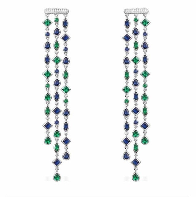 Shining Geometry Stone Tassels Long Dangle Drop Earrings - Blue Green - Luxury Jewelry by WAAMII