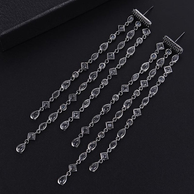 Shining Geometry Stone Tassels Long Dangle Drop Earrings - Black - Luxury Jewelry by WAAMII
