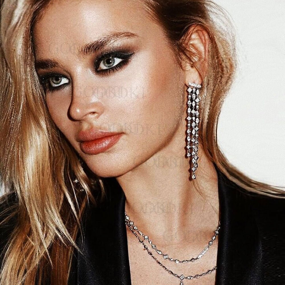 Shining Geometry Stone Tassels Long Dangle Drop Earrings - - Luxury Jewelry by WAAMII