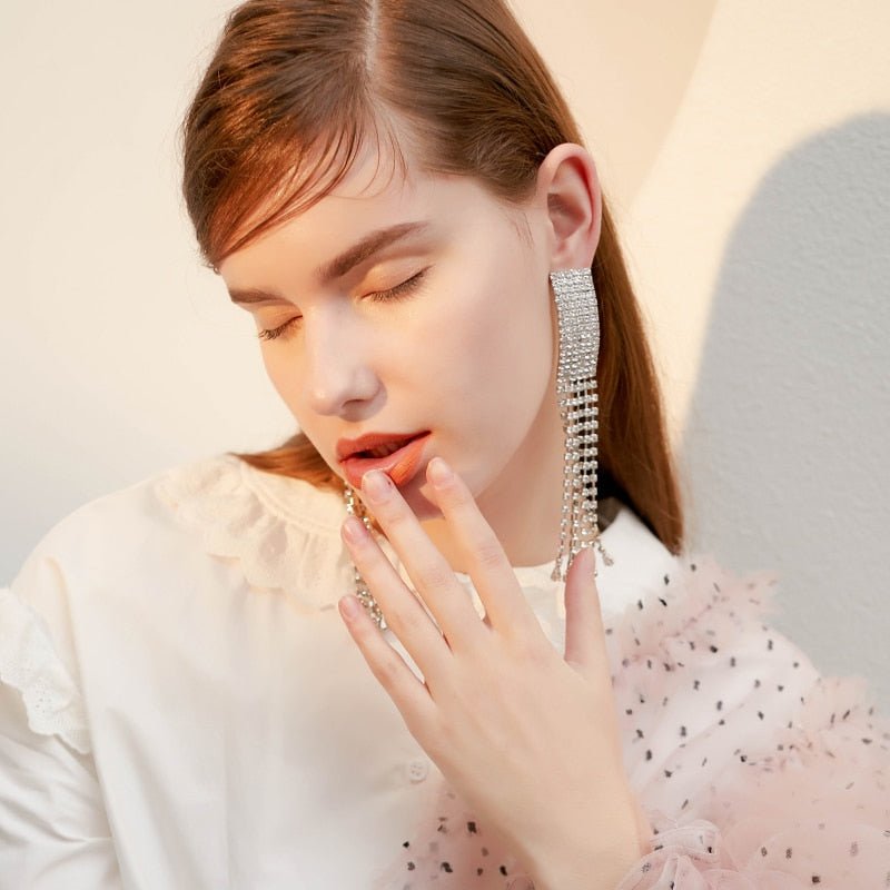 Silver-Tone Druzy With Cubic Zirconia Square Long Dangle Earrings - - Luxury Jewelry by WAAMII