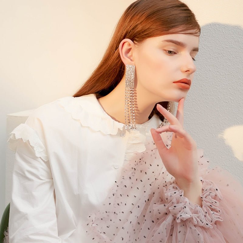 Silver-Tone Druzy With Cubic Zirconia Square Long Dangle Earrings - - Luxury Jewelry by WAAMII