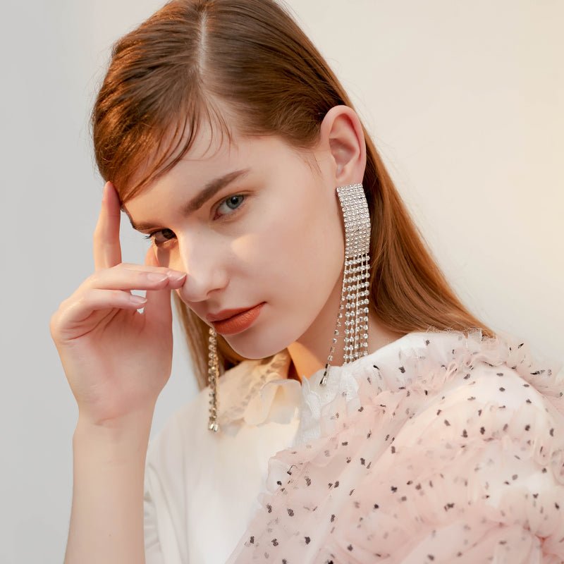 Silver-Tone Druzy With Cubic Zirconia Square Long Dangle Earrings - - Luxury Jewelry by WAAMII