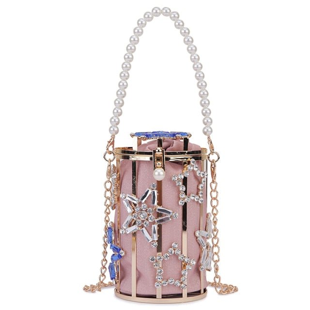 Star Diamond Hollow Cage Clutch With Pearl Chains - Pink 10x10x15 CM - Luxury bags by WAAMII