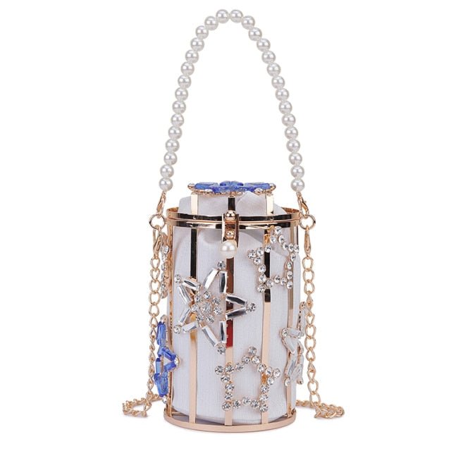 Star Diamond Hollow Cage Clutch With Pearl Chains - White 10x10x15 CM - Luxury bags by WAAMII