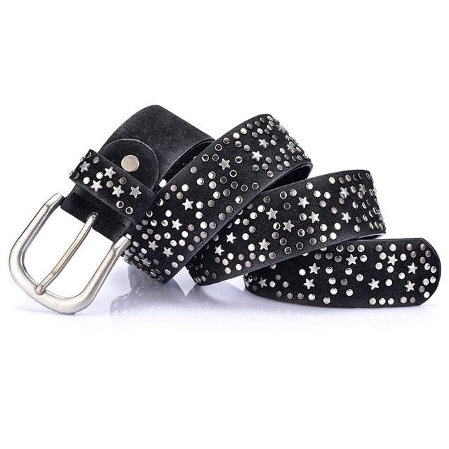Star-Studded Leather Belts Designer Belts for Women - Black 110cm - Luxury Accessories by WAAMII