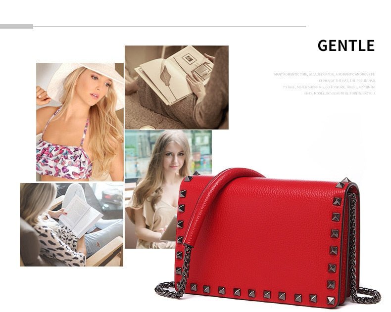 Top Grain Cow Leather Rivets Crossbody Bag with Leather Mix Metal Chain - - Luxury bags by WAAMII