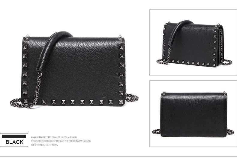 Top Grain Cow Leather Rivets Crossbody Bag with Leather Mix Metal Chain - - Luxury bags by WAAMII