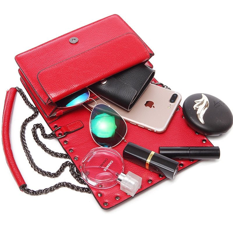 Top Grain Cow Leather Rivets Crossbody Bag with Leather Mix Metal Chain - - Luxury bags by WAAMII