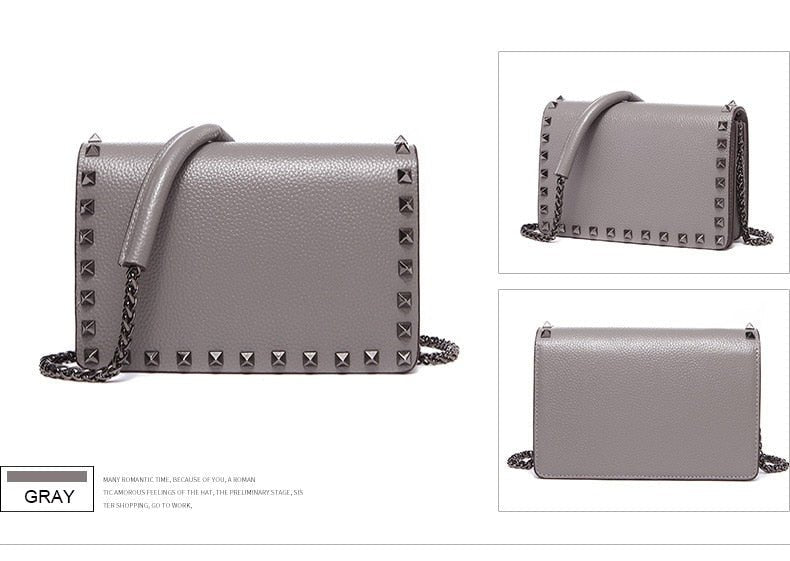 Top Grain Cow Leather Rivets Crossbody Bag with Leather Mix Metal Chain - - Luxury bags by WAAMII