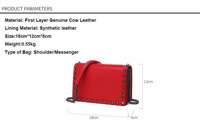 Top Grain Cow Leather Rivets Crossbody Bag with Leather Mix Metal Chain - - Luxury bags by WAAMII