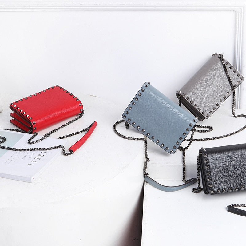 Top Grain Cow Leather Rivets Crossbody Bag with Leather Mix Metal Chain - - Luxury bags by WAAMII