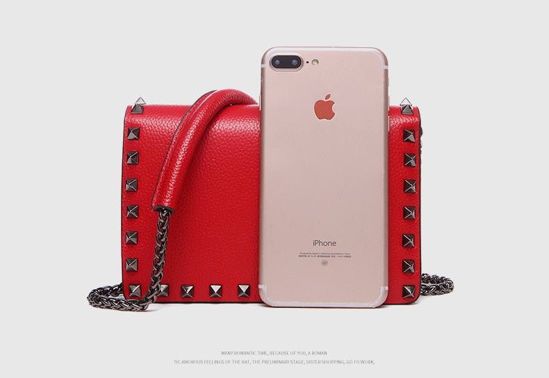 Top Grain Cow Leather Rivets Crossbody Bag with Leather Mix Metal Chain - - Luxury bags by WAAMII