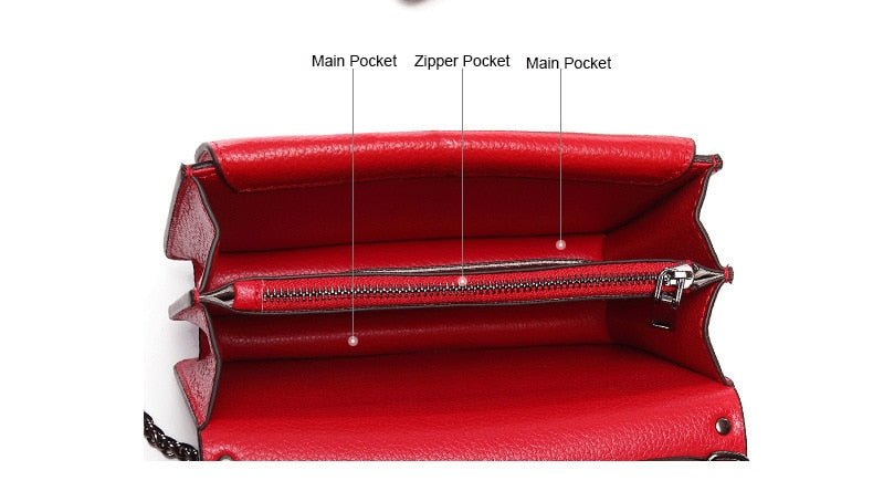 Top Grain Cow Leather Rivets Crossbody Bag with Leather Mix Metal Chain - - Luxury bags by WAAMII
