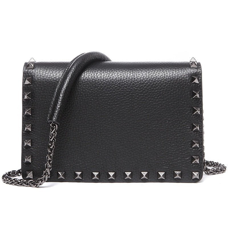 Top Grain Cow Leather Rivets Crossbody Bag with Leather Mix Metal Chain bags WAAMII Black  