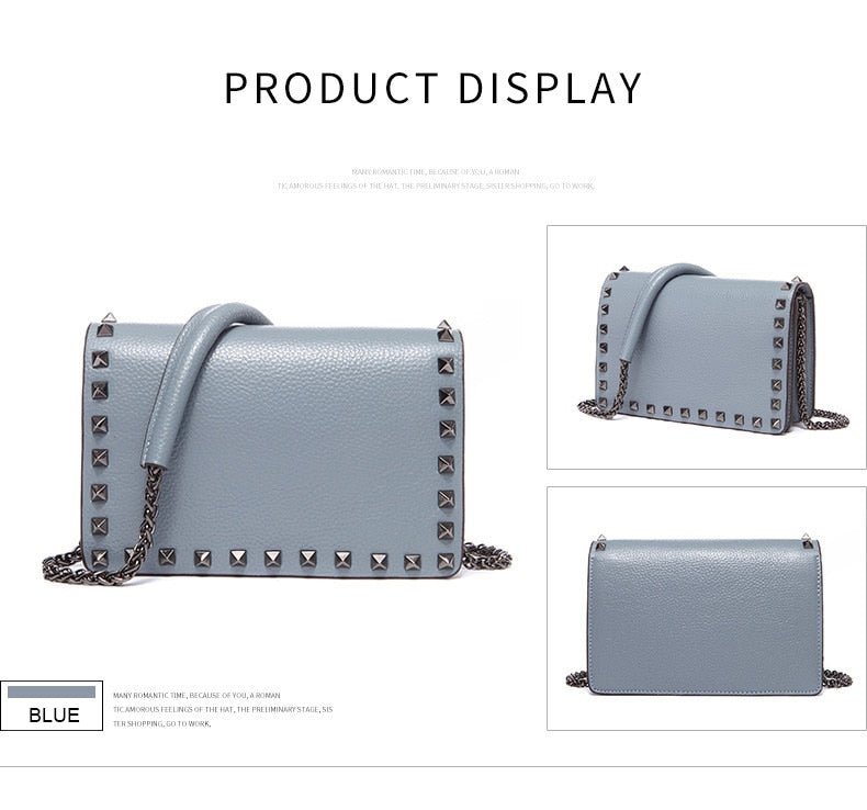 Top Grain Cow Leather Rivets Crossbody Bag with Leather Mix Metal Chain - - Luxury bags by WAAMII