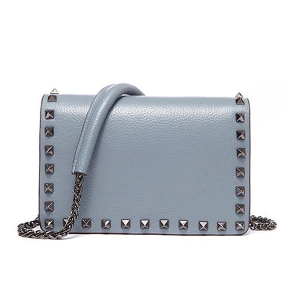 Top Grain Cow Leather Rivets Crossbody Bag with Leather Mix Metal Chain - Light Blue - Luxury bags by WAAMII