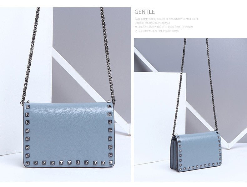 Top Grain Cow Leather Rivets Crossbody Bag with Leather Mix Metal Chain - - Luxury bags by WAAMII