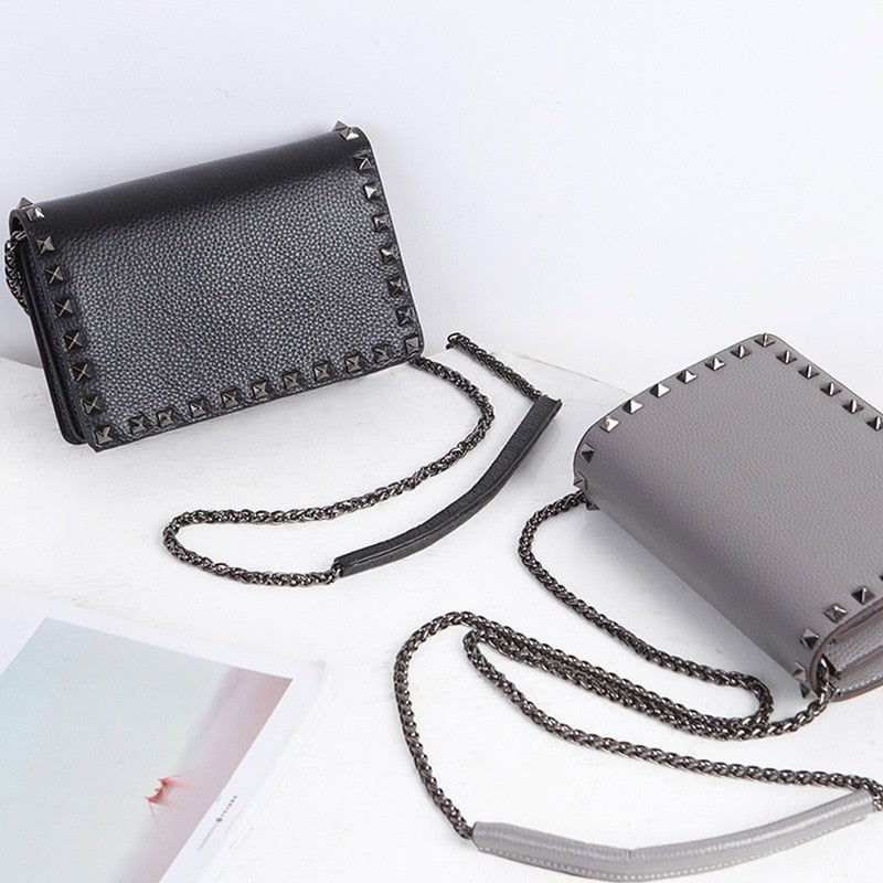 Top Grain Cow Leather Rivets Crossbody Bag with Leather Mix Metal Chain - - Luxury bags by WAAMII