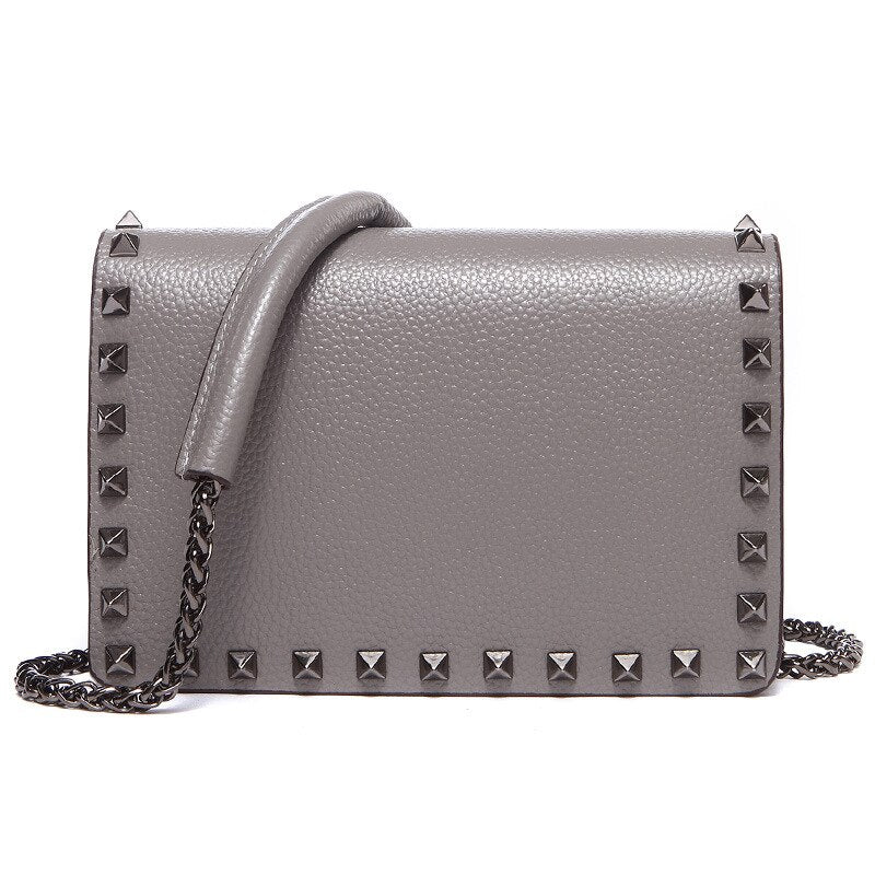 Top Grain Cow Leather Rivets Crossbody Bag with Leather Mix Metal Chain - Gray - Luxury bags by WAAMII