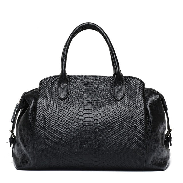 Top Grain Serpentine Pattern Leather Handbag Boston Satchel - Black 36X13X25CM - Luxury bags by WAAMII