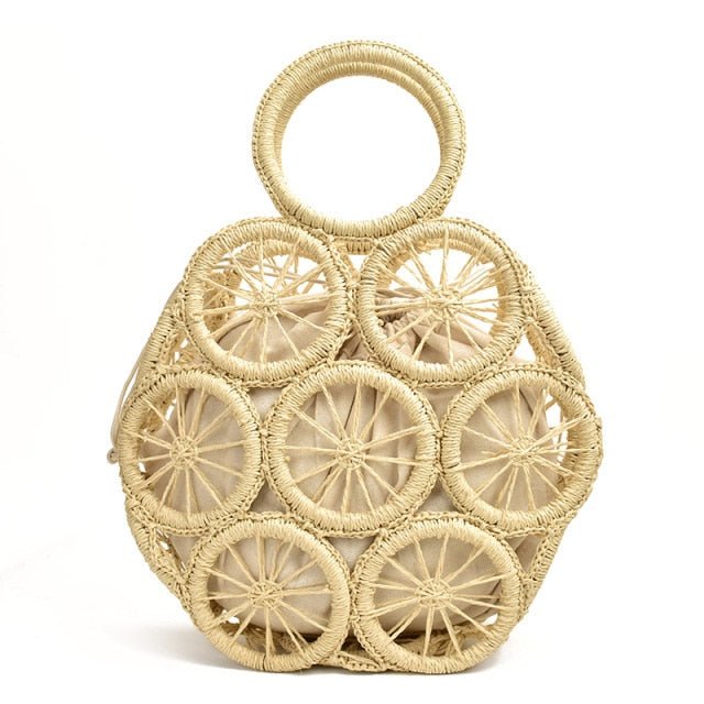 Top Handle Circular Weaving Hollow Straw Bag Beach Bag - beige beige lining - Luxury bags by WAAMII