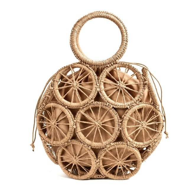 Top Handle Circular Weaving Hollow Straw Bag Beach Bag - brown brown lining - Luxury bags by WAAMII