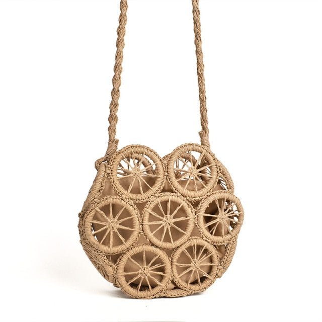 Top Handle Circular Weaving Hollow Straw Bag Beach Bag - brown Shoulder bag - Luxury bags by WAAMII
