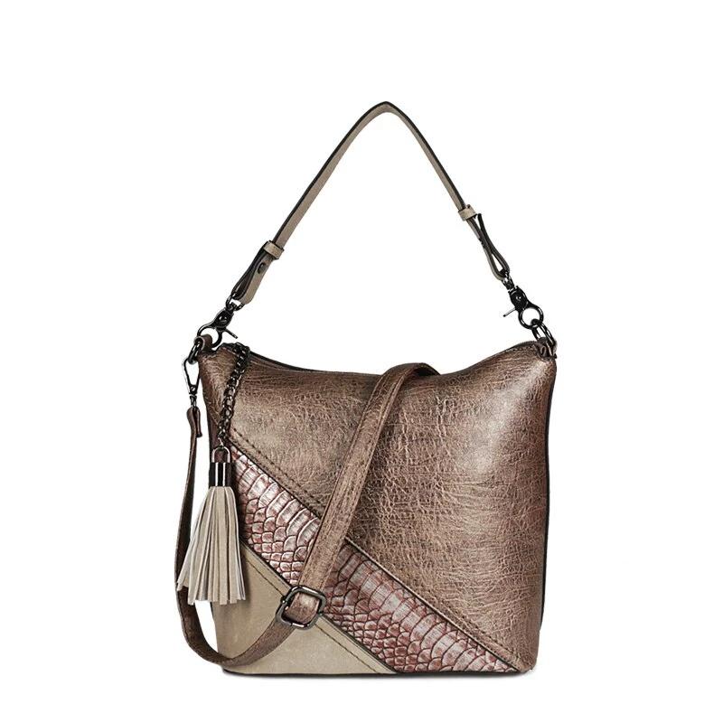 Vegan Leather Spliced Serpentine Satchel With Tassel - Bronze - Luxury bags by WAAMII