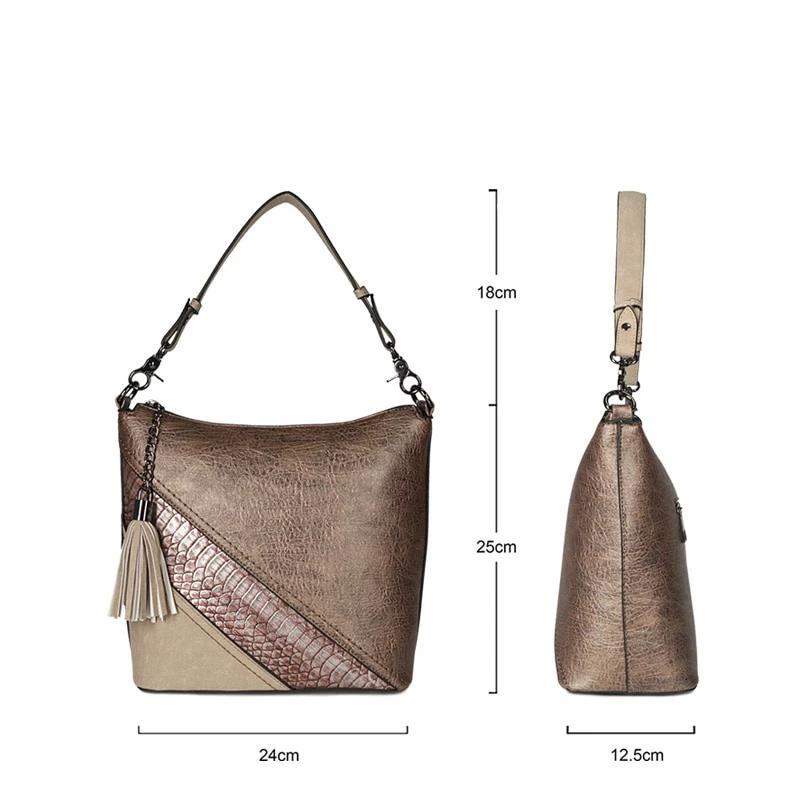 Vegan Leather Spliced Serpentine Satchel With Tassel - - Luxury bags by WAAMII