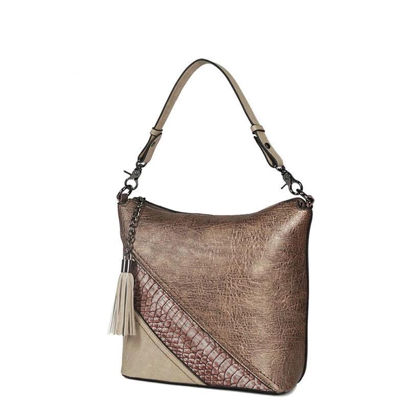 Vegan Leather Spliced Serpentine Satchel With Tassel - - Luxury bags by WAAMII