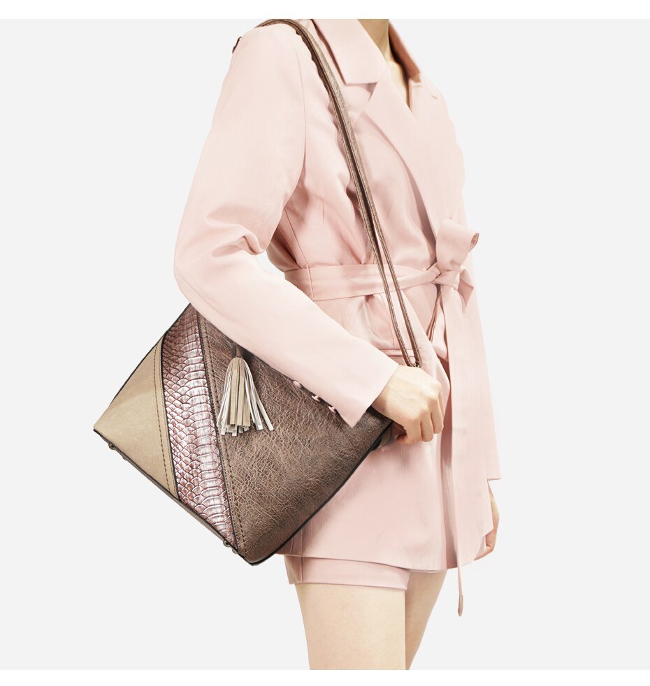 Vegan Leather Spliced Serpentine Satchel With Tassel - - Luxury bags by WAAMII